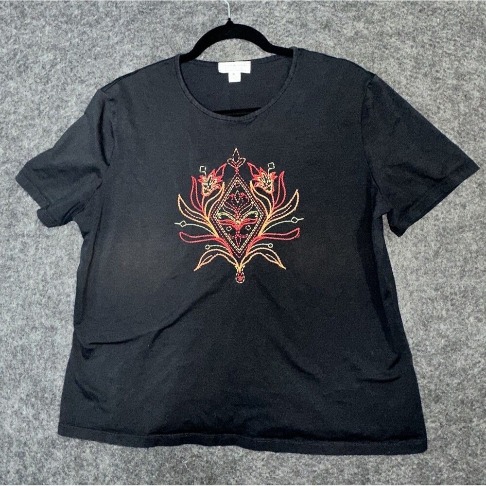 St. John Sport by Marie Gray Black T-Shirt with Embroidered Design - Size XL
